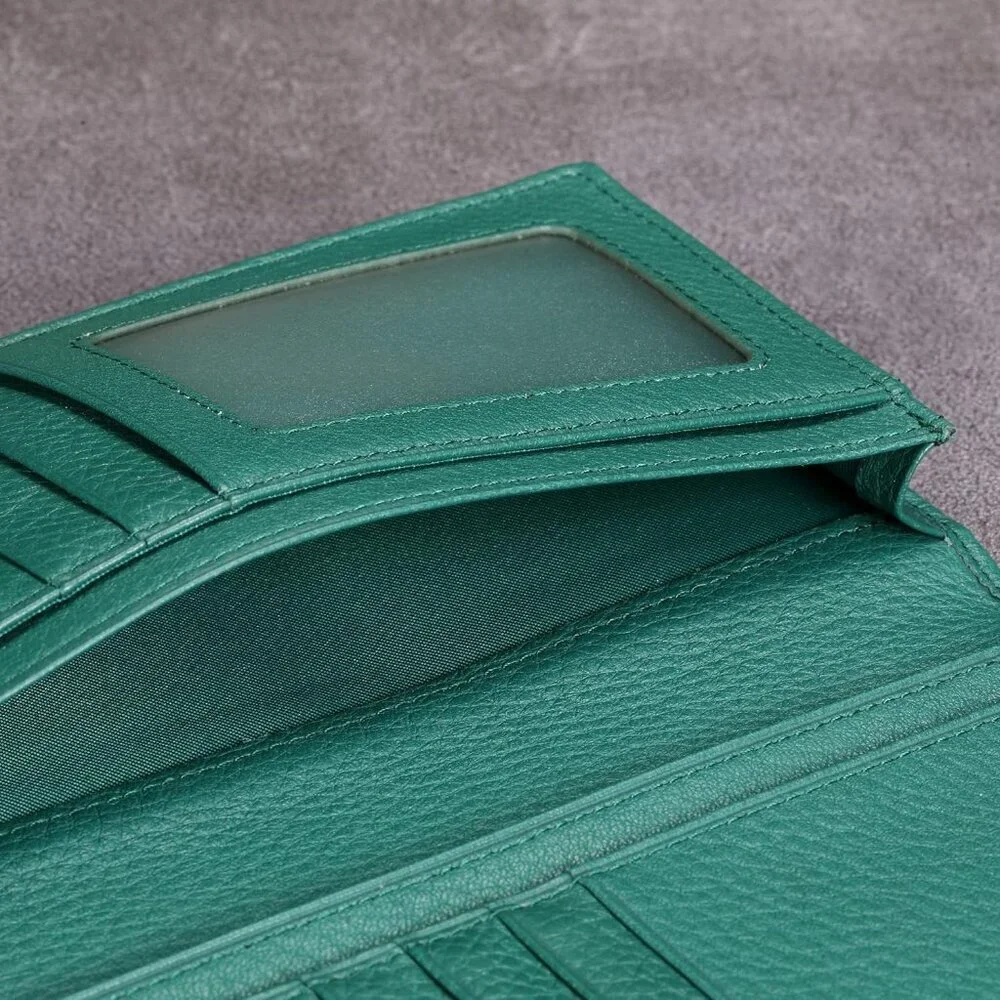 Men's Dark Green Full Grain Leather Long Bifold Wallet Credit Card Slots Style